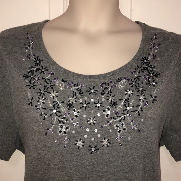 Gray Beaded T-Shirt Size 0X 16W Liz&Me - Picture 4 of 8